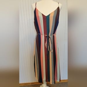 Lulus xl multi colored striped spaghetti strapped dress with a tie waist